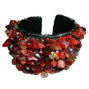 Vintage Boho Handmade Gemstone Chips Wide Leatherette Cuff Bracelet‎ Shell Beads